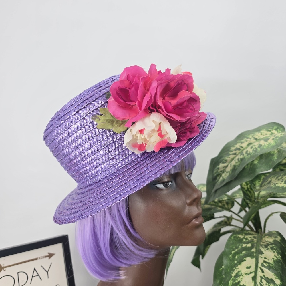 Arlin Vintage Woven Straw Hat Purple Floral Wide Brim Church Derby Tea Party